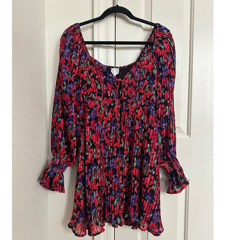 Dee Elly Pleated Floral Print Mini Dress Square Neck Long Sleeve Tie Front‎ XS